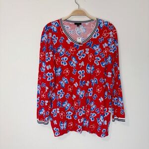 Talbots Womens Butterfly Print Cardigan Sweater 3/4 Sleeve Size XL Spring Easter